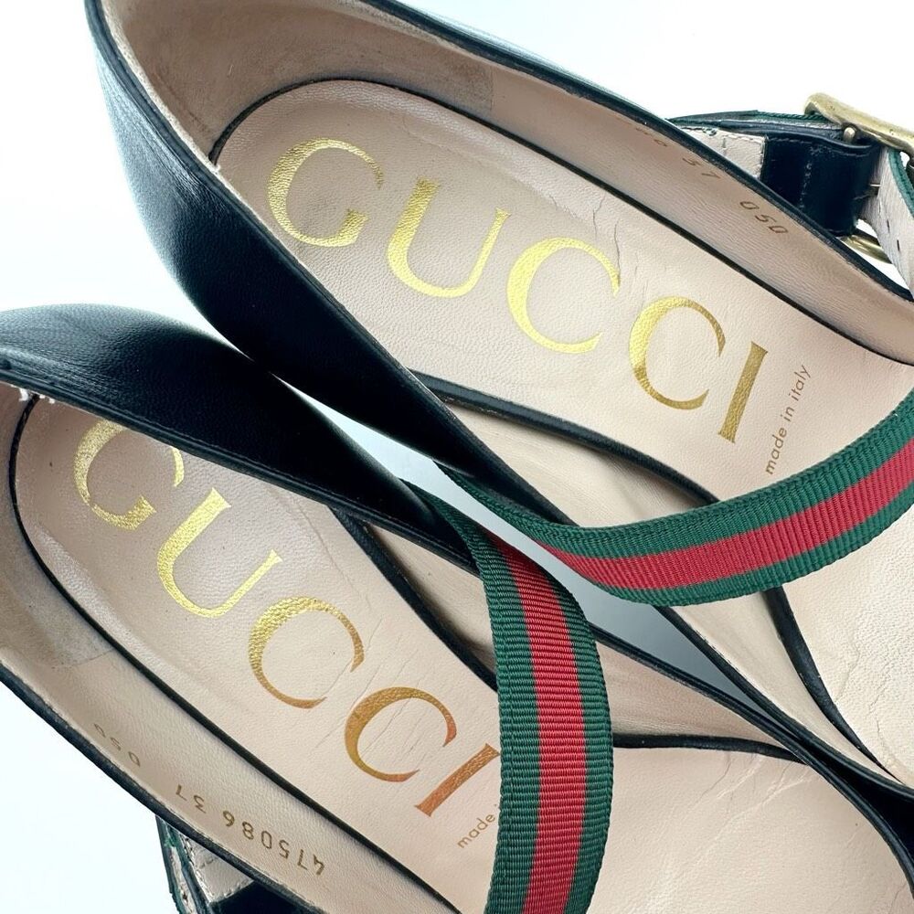 GUCCI Sylvie Black Leather Heels Size 37 US 7 Web Mary Jane Buckle Strap - Picture 6 of 13